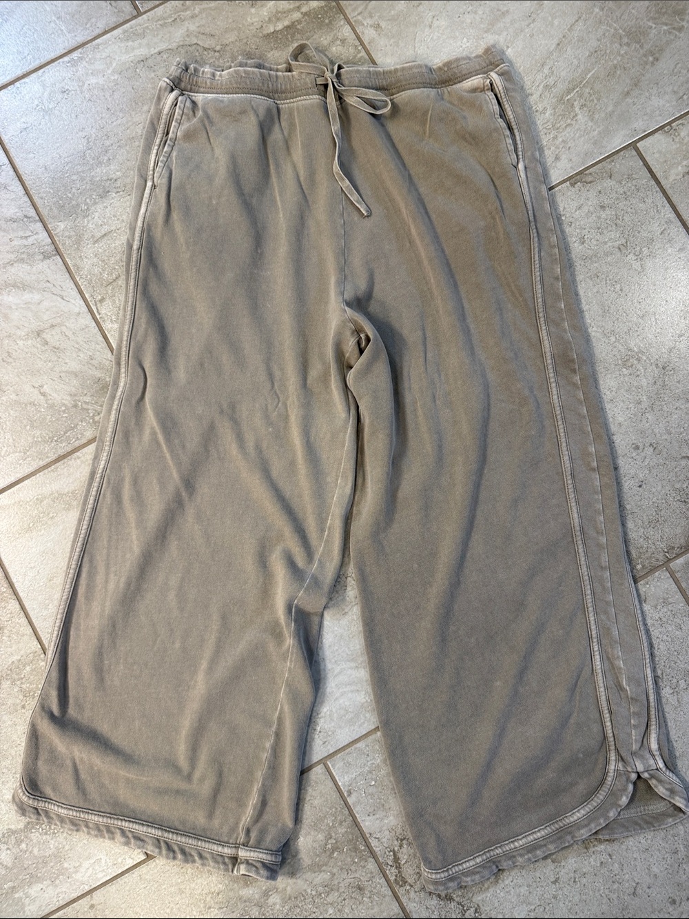 Three Bird Nest Wide-Leg Drawstring Sweatpants — Grayish beige